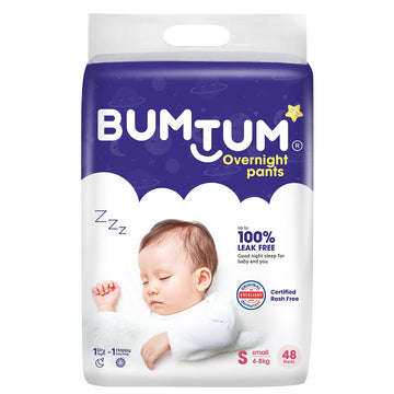 Bumtum Natural Soft Overnight Pants Style Diaper (S 48 Kg)  48 Diapers | 12Hour Absorption, Ultra Gentle & Secure Fit, Pillow