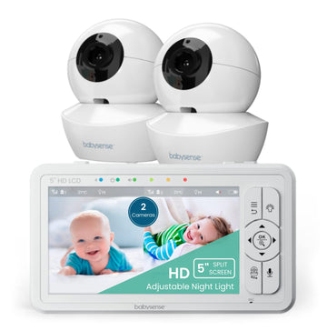 Babysense 5' Hd Split-Screen Baby Monitor, Video Baby Monitor With 2 Cameras And Audio, Night Light, 960Ft Range, Two-Way Audio