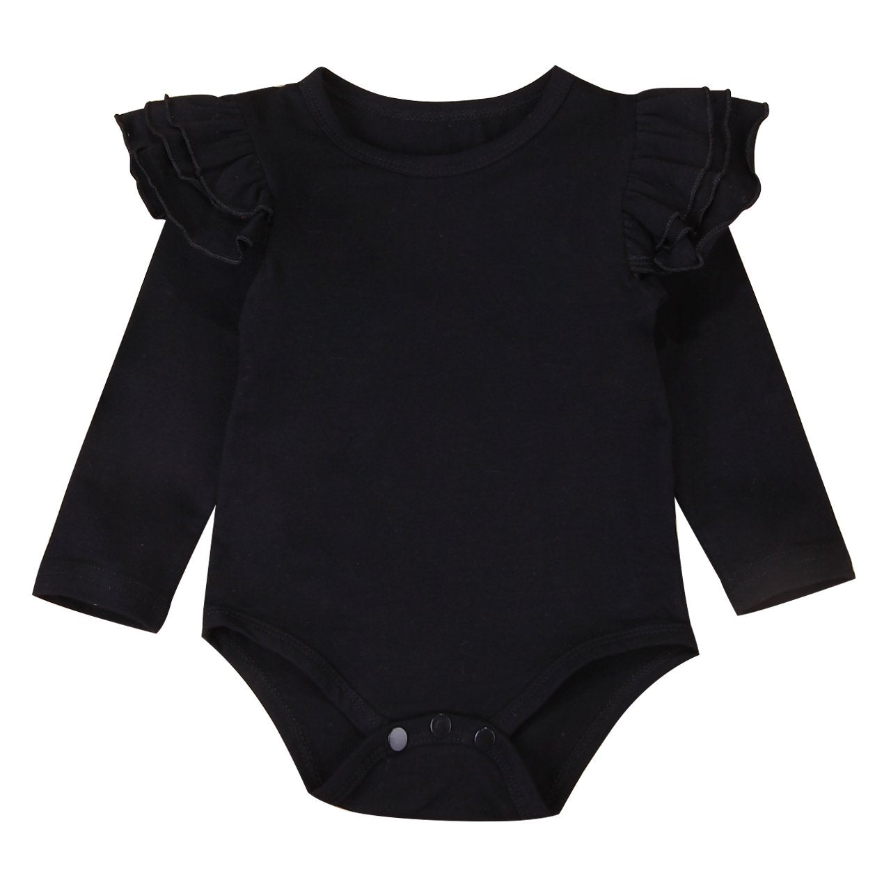 Infant Baby Girl Basic Ruffle Long Sleeve Cotton Romper Bodysuit Tops Clothes (Black, 0-3 Months)