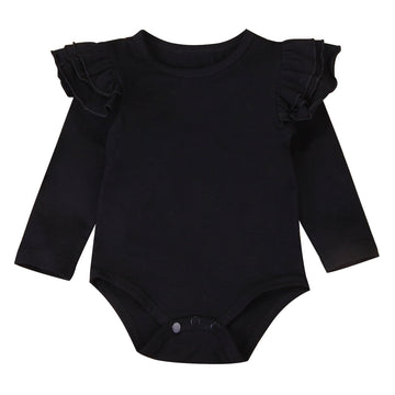 Infant Baby Girl Basic Ruffle Long Sleeve Cotton Romper Bodysuit Tops Clothes (Black, 0-3 Months)