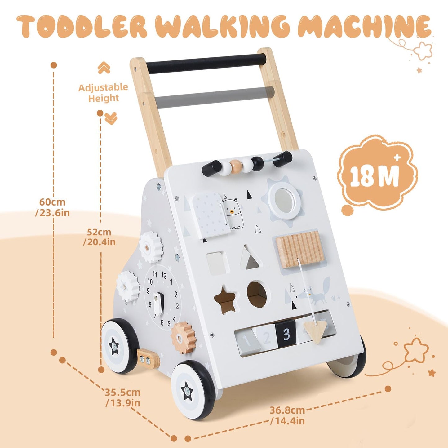 PTINFLUCE Wooden Baby Walker, Baby Push Walker with Wheel, Push and Pull Toys Learning to Walk, Montessori Walker Toy for Kids D
