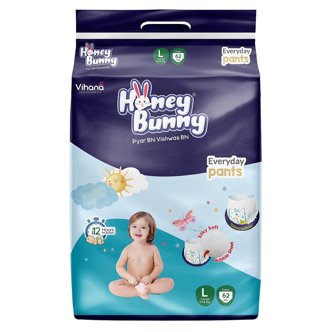 Honey Bunny Everyday Baby Diapers Pants | Large (L), 62 Count, 914 Kg | Silky Soft On Skin, Bubble Layer | 12 Hours Protection 