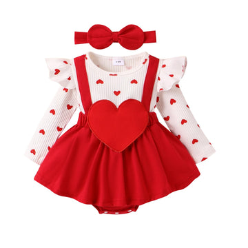 Valentine Baby Girl Outfit Heart Print Ribbed Long Sleeve Newborn Valentines Day Romper Dress Headband Set (White, 9-12 Months)
