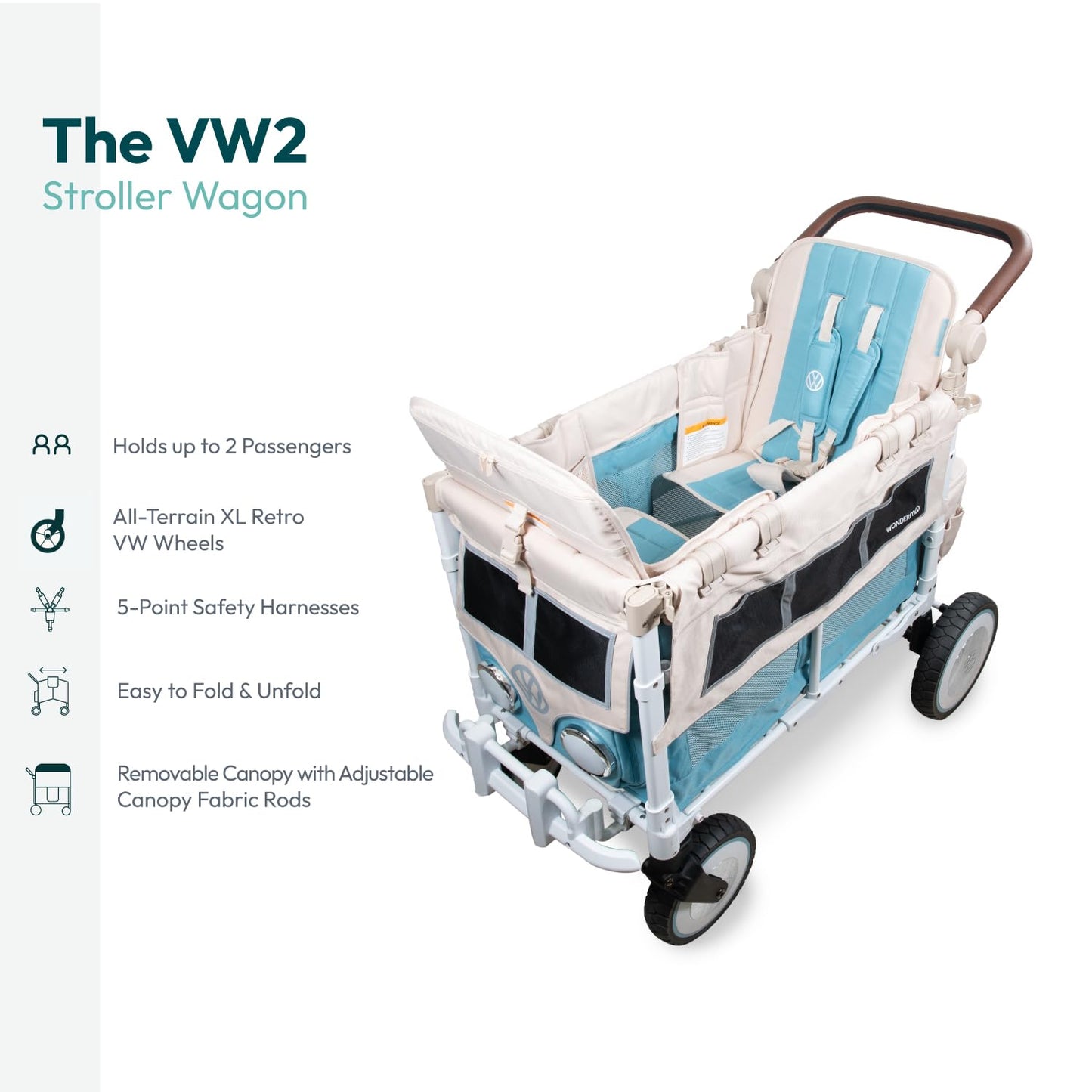 Wonderfold Volkswagen Stroller Wagon (2 Seater) - Collapsible Wagon Stroller With Classic Vw Bumper, Headlights, And Retro All-T