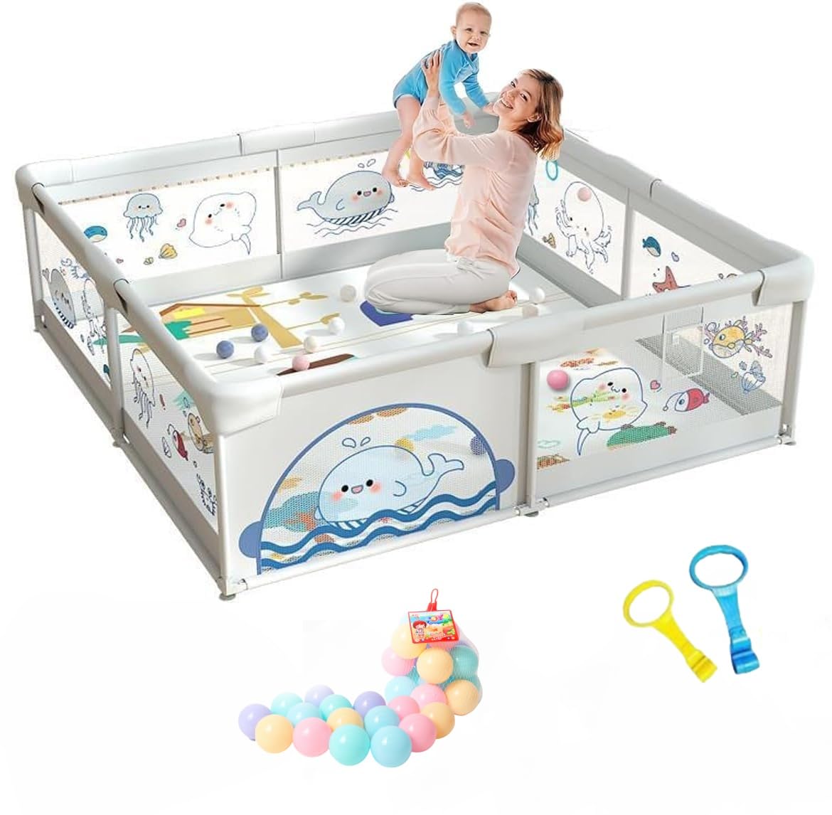 Dawnwake Large Playpen 150X180 Cm For Baby Up To 5 Years With Safety Lock, Baby Playard With Ocean Balls And 2 AntiFall Grasp R