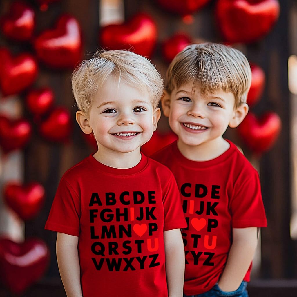 Valentine'S Day T-Shirt For Boy Girls Alphabet Abc I Love U Shirt Kids Short Sleeve Cotton Red Heart Tops 6 Years