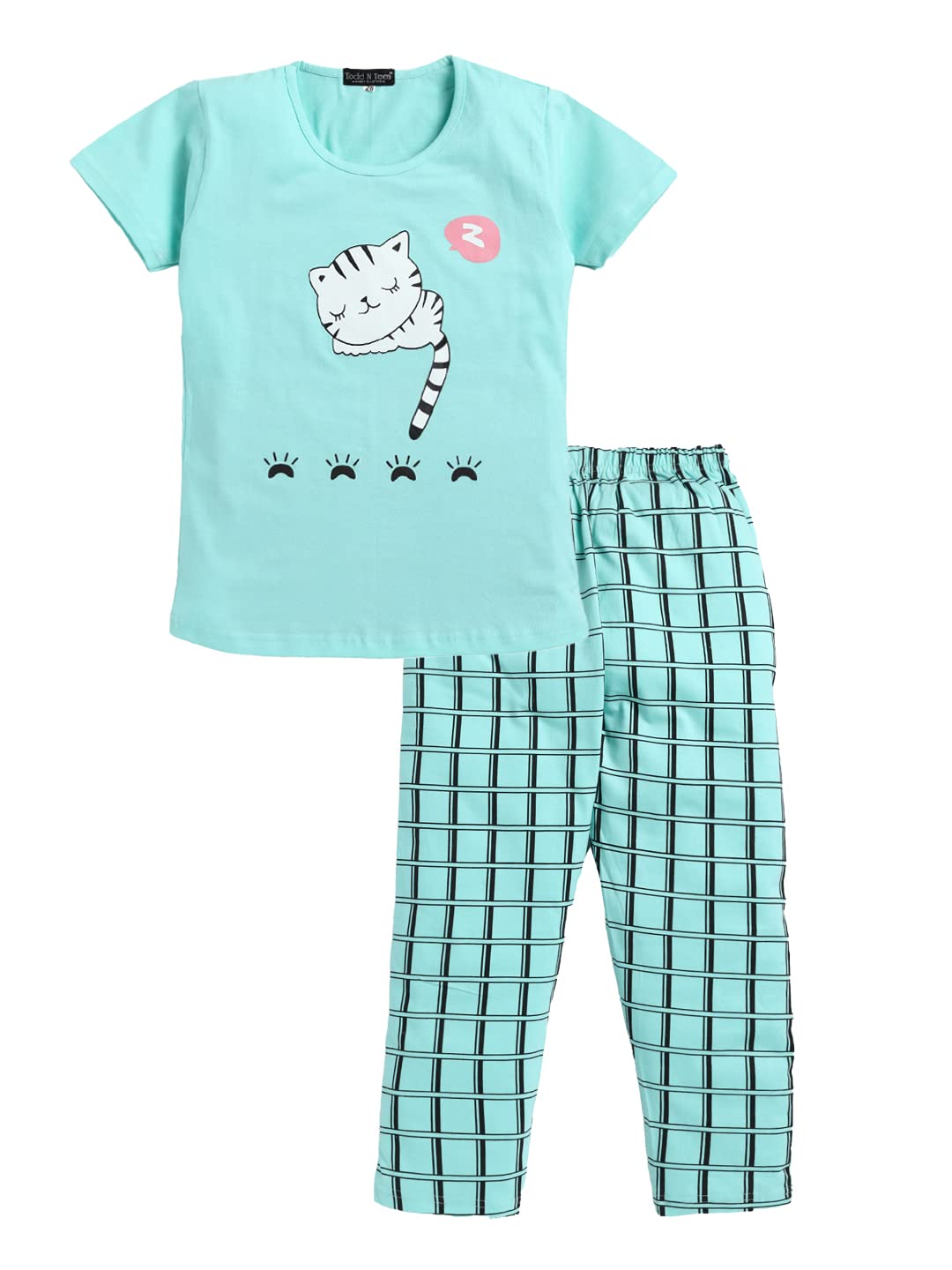 Todd N Teen Girls Set of Cotton Cartoon Printed Tshirt Pajama Regular Fit Seagreen Black 78 Years