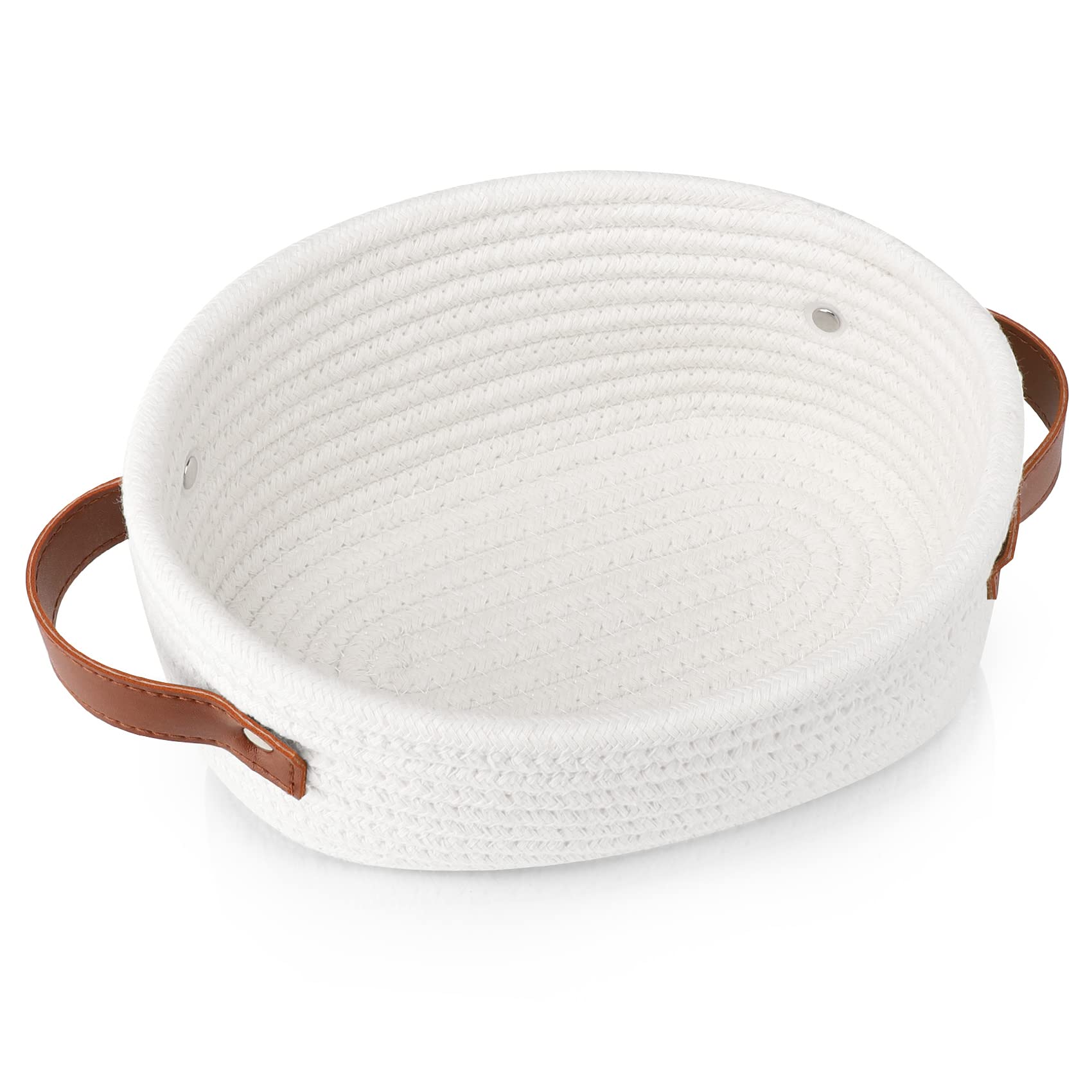 Abenkle Small Woven Basket, Mini Cotton Rope Storage Basket, Tiny White Easter Basket, Shelf Basket, Oval Decorative Toy Dog Cat