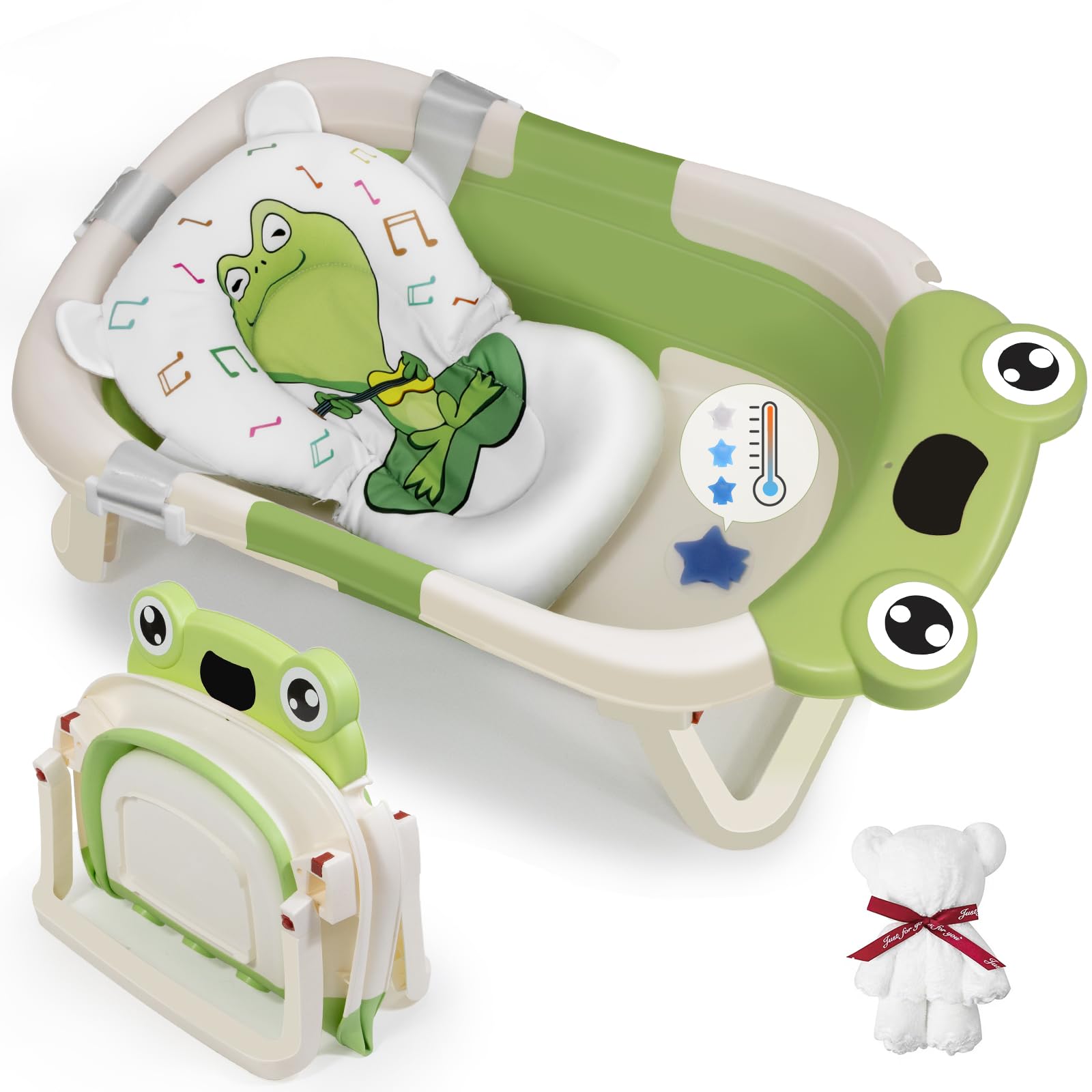 Deanic Collapsible Baby Bathtub With Baby Washcloth, Portable Infant Bathtub With Soft Baby Bath Support Cushion For 0-3-6-12 Mo