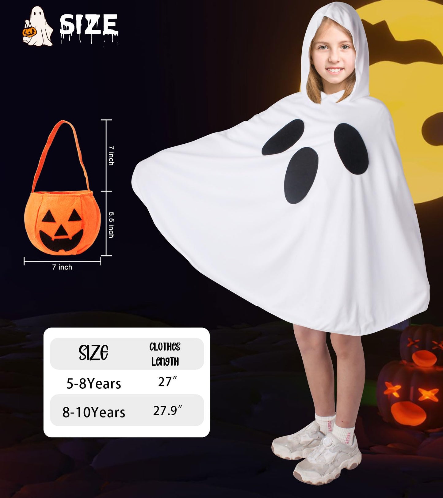 Oskiner Ghost Costume For Kids,White Ghost Poncho Hooded Cape With Pumpkin Bag,Spooky Halloween Costume For Girls
