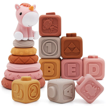 Nueplay 13 Pcs Building Circle & Blocks, Stacking & Nesting Baby Toys with Horse Figure, Newborn Essentials Squeeze Teething Toy