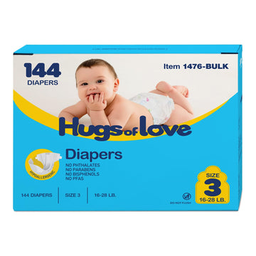 Dynarex Hugs-of-Love Diapers Size 3 (16-28 lb) Baby Diapers - High Absorbency, Leak Protection, Soft Comfort, 144 Diapers per Ca