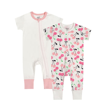 Teach Leanbh Baby Boys Girls 2 Pack Footless Pajamas Cotton Short Sleeve Printing Romper Sleep And Play 3-24 Months (Cherry, 6-1