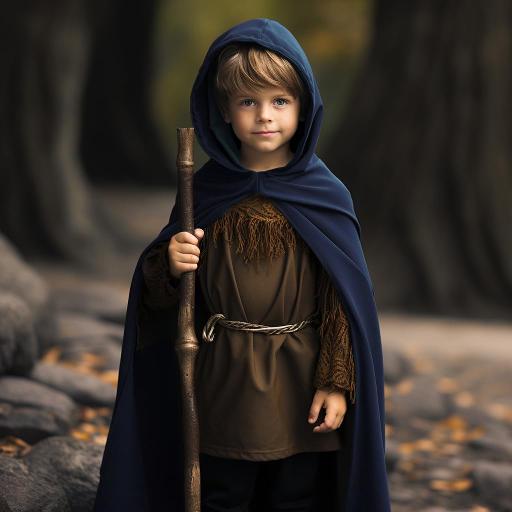 Homelex Blue Renaissance Costume For Boys - Kids Medieval Cloak With Hood Halloween Ranger Wizard Elven Hooded Cape Robe