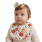 Polka Tots Cotton Rose Print Bow Headband With Reversible Boho Bib Set  White