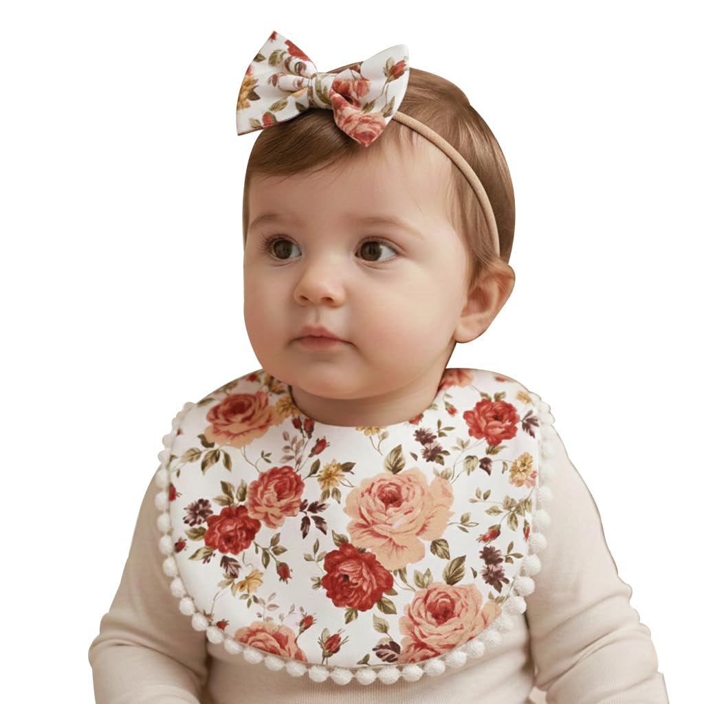 Polka Tots Cotton Rose Print Bow Headband With Reversible Boho Bib Set  White