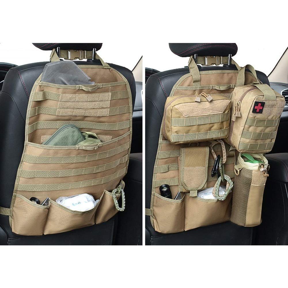 wrumava Car Seat Back Organizer, Tactical Molle Nylon Vehicle Panel Universal Fit Car Backseat Cover Protector (Olny Tan molle s