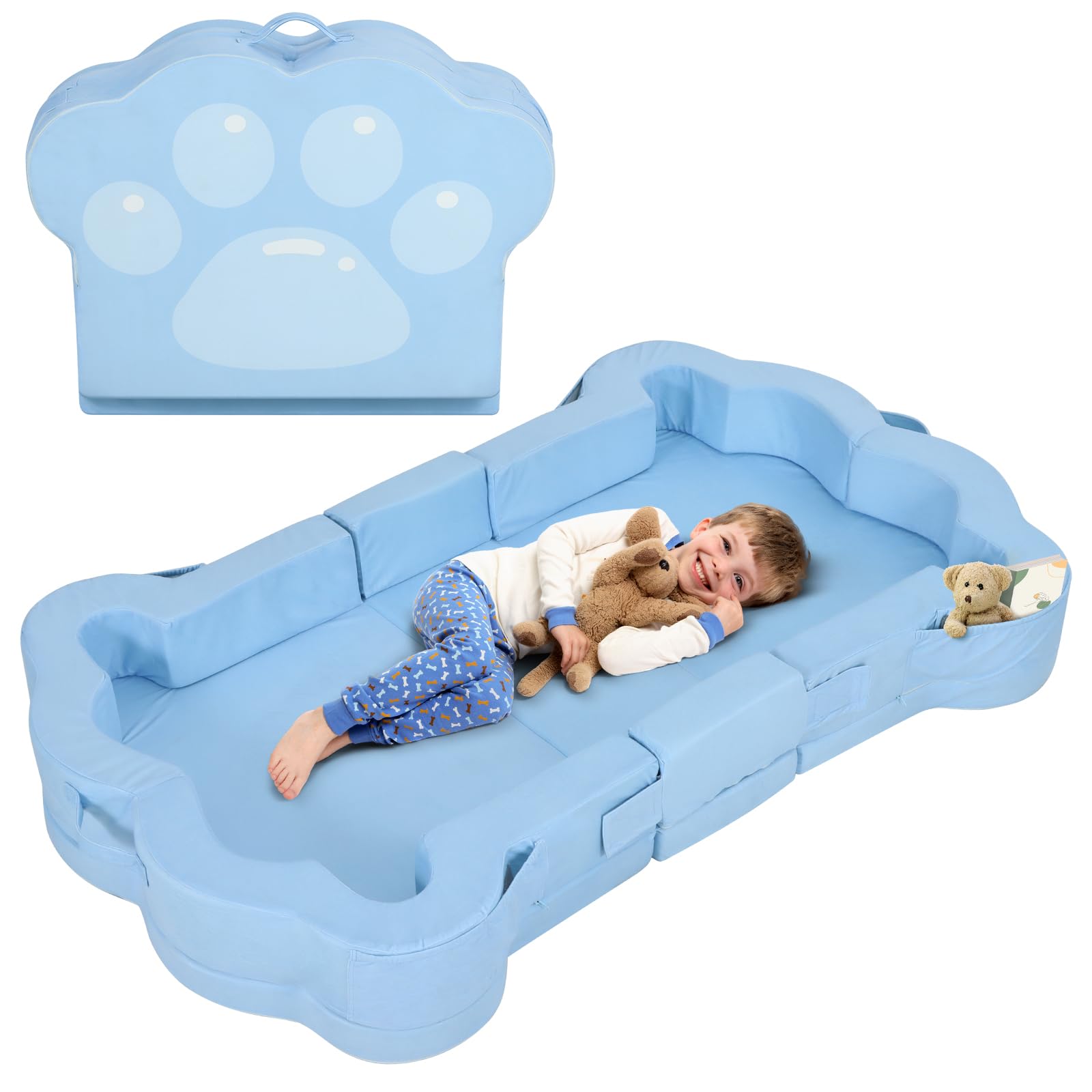 whiffee Foldable Portable Toddler Travel Bed,Toddler Floor Bed with Washable Cover for Kids,Soft and Safe (Blue)