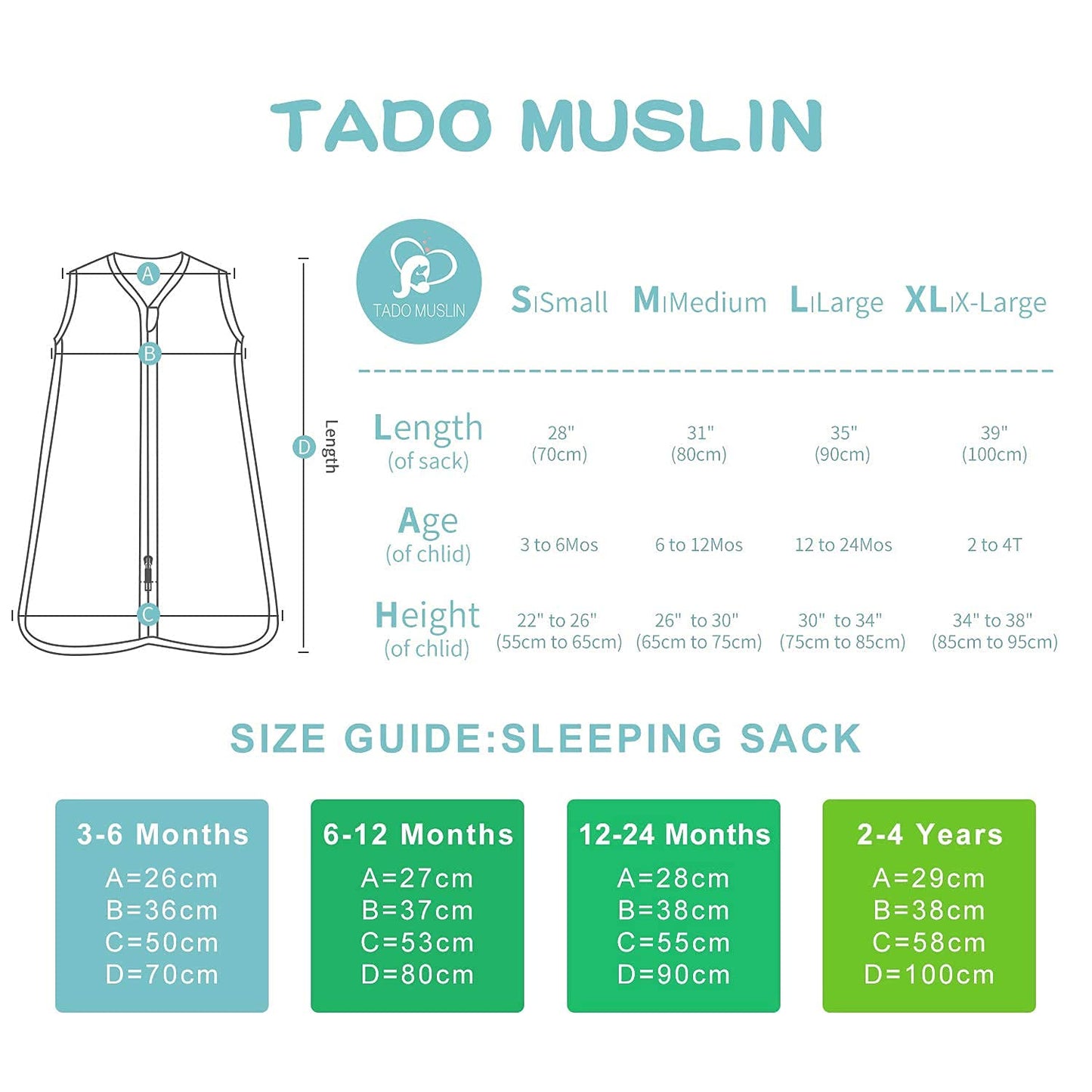 TADO MUSLIN Baby Sleep Sack 2-4 T Baby Wearable Blanket 100% Organic Cotton 0.5 TOG Toddler Sleep Sacks 2- Way Zipper Soft Car 4