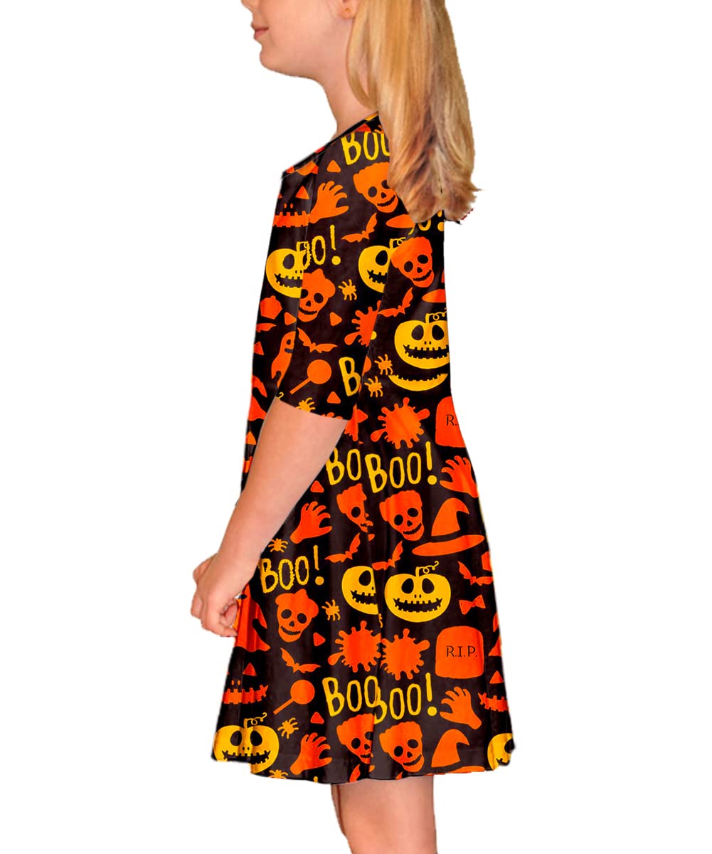 Girls Halloween Ghost Dresses Toddlers 3/4 Sleeve Cute Pumpkin Party Skater Dress 3-4 Years