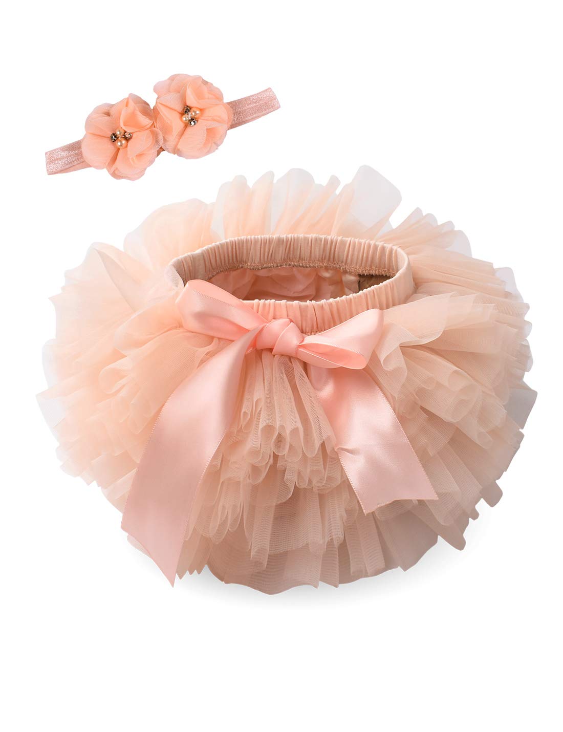 Baby Girls Tutu Bloomers Diaper Cover Cotton Tulle Bloomers And Headband Set Peach 6-12 Months