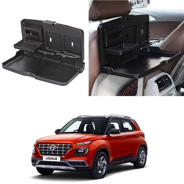 Oshotto (FT02) Car Backseat Food Travel Dining Meal & Snaks Tray & Cup Holder Compatible with Hyundai Venue (Black)  1 Piece