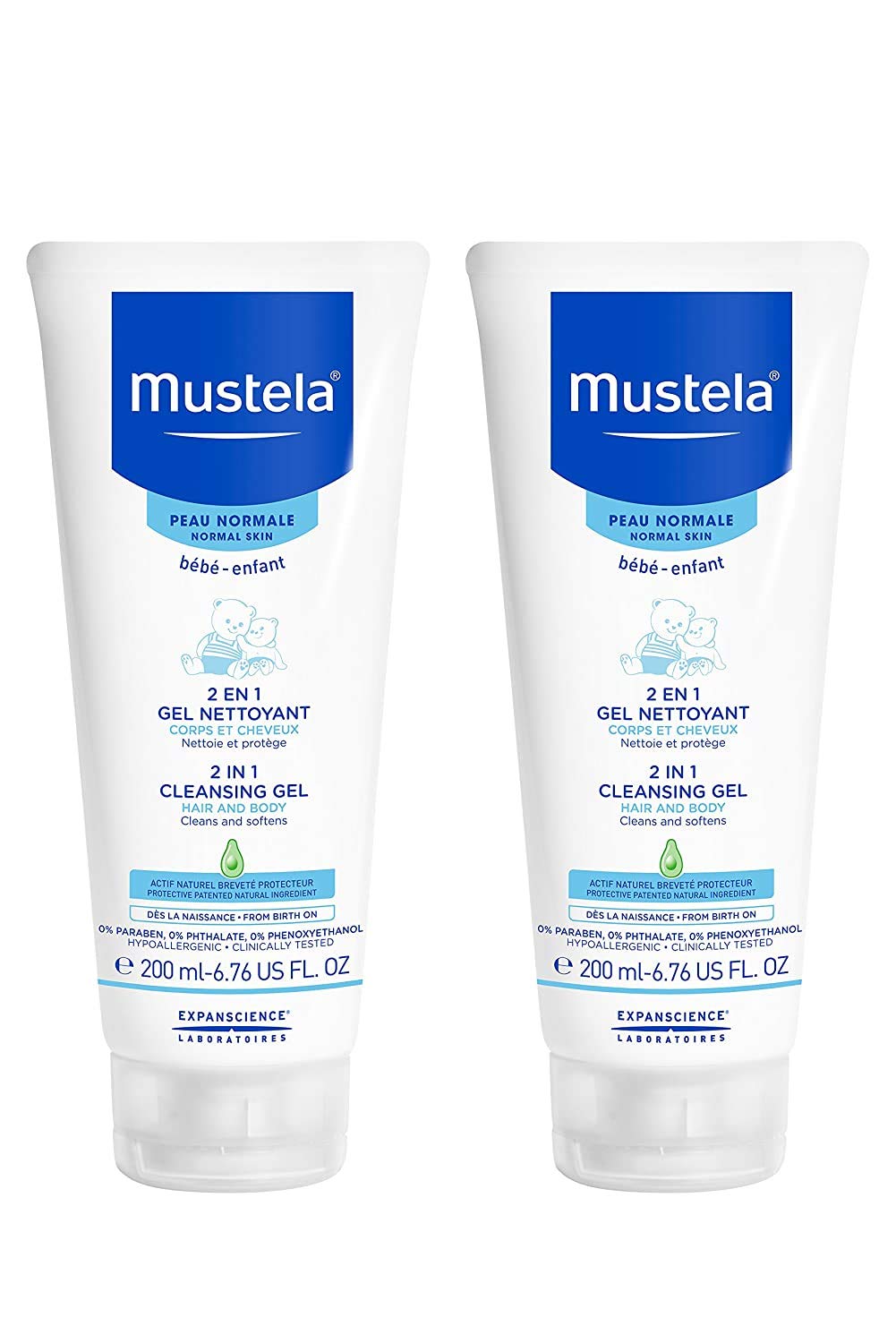 Mustela Baby 2-In-1 Cleansing Gel - Baby Body & Hair Cleanser - With Natural Avocado - Biodegradable Formula & Tear-Free - 6.76