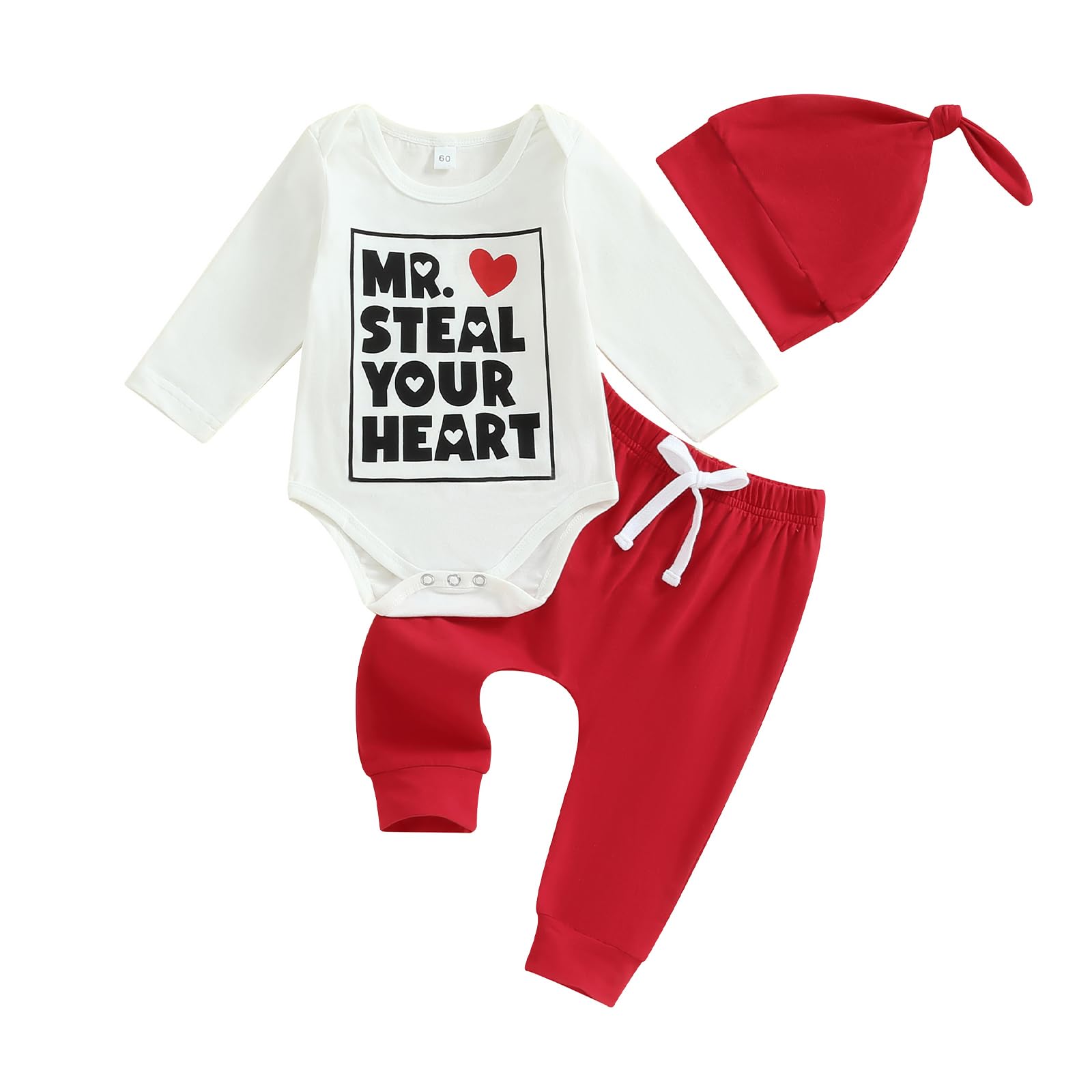 Baby Boy Valentines Day Outfit Long Sleeve Romper Onesie Jogger Pants Set My First Valentines Day Baby Boy Outfit(B-White,6-12 M