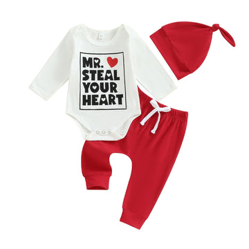 Baby Boy Valentines Day Outfit Long Sleeve Romper Onesie Jogger Pants Set My First Valentines Day Baby Boy Outfit(B-White,6-12 M