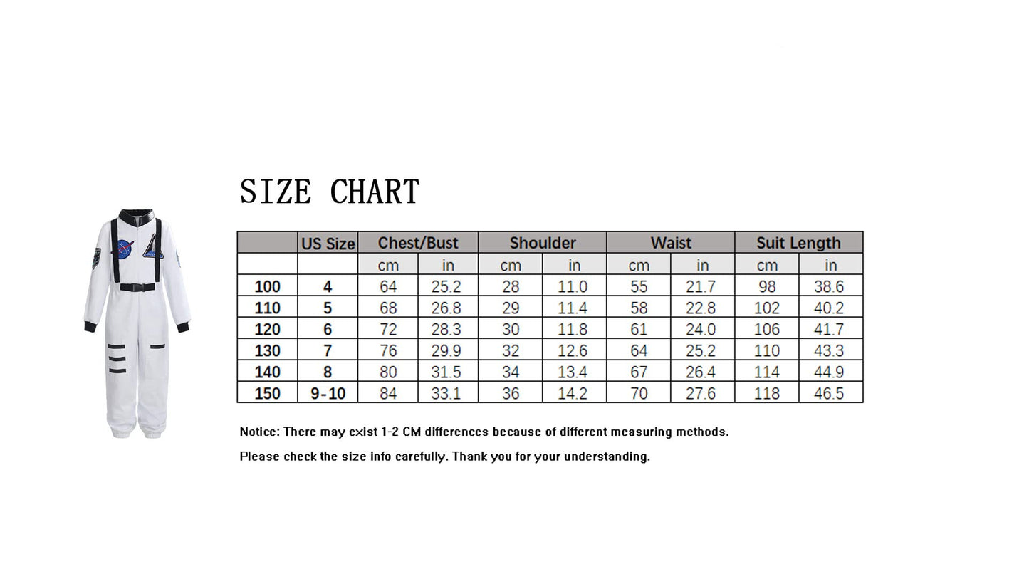 Relibeauty Boys Girls Kids Children Astronaut Role Play Costume, White, 6/120