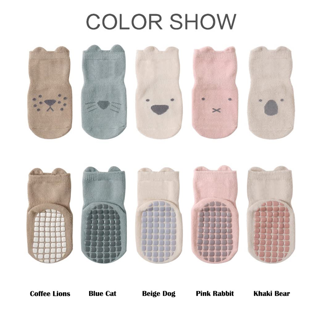 Exegawe Toddler Non Slip Socks, Cute Baby Socks With Grips Crew Socks 5 Pairs(M/1-3Y)
