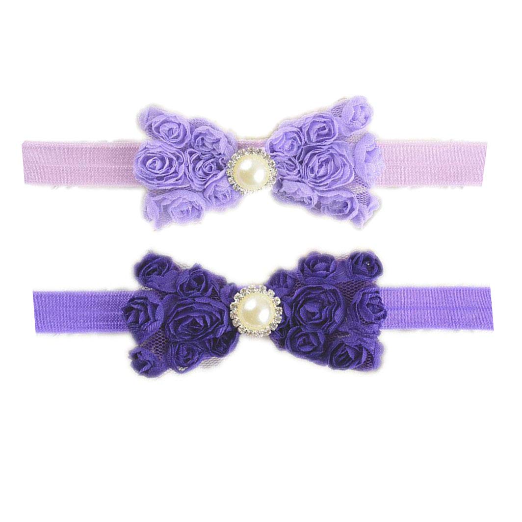 Baby Girls Headbands Lace Rose Bows Pearl Elastic Hair Band Kids With15 Colors (Lavender+Purple)