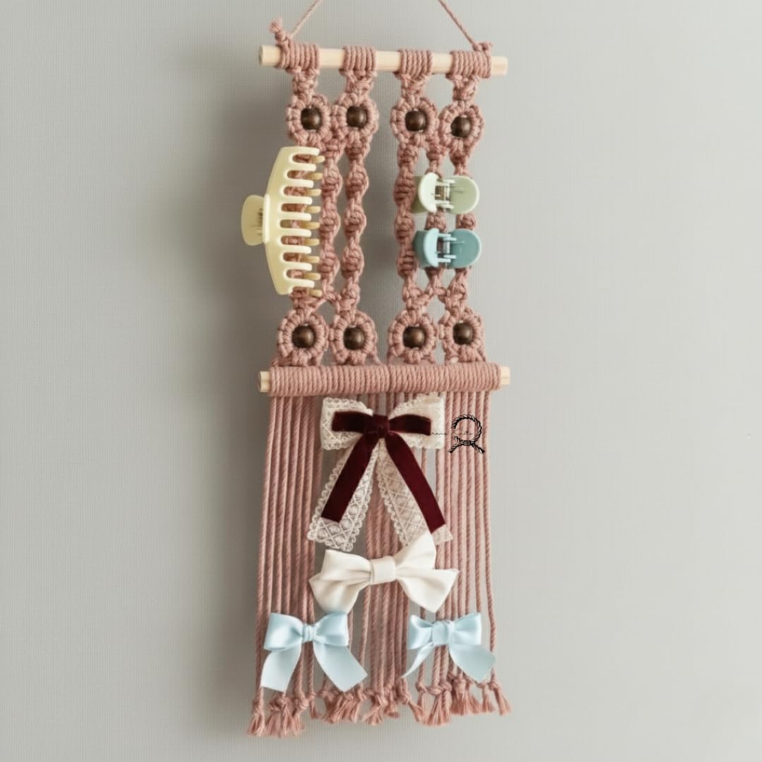 Macrame Kn0ts Hair Clip Organizer Macram Hair Bow Holder Headband Hanger for Kids Room Ivory Cotton Rope Wooden Rod Door Wall Ha