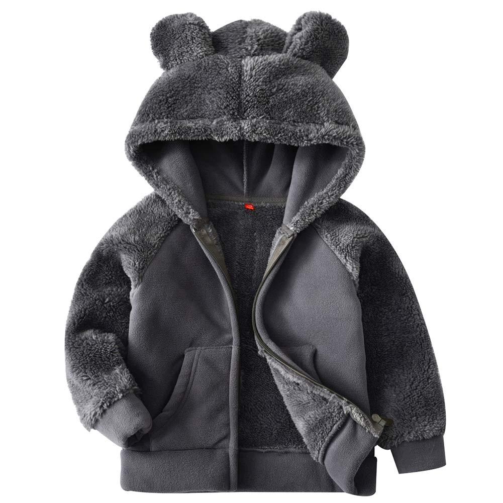 Amiyan Bear Ears Shape Fleece Warm Hoodies Clothes Toddler Zip-Up Light Jacket Sweatshirt Outwear For Baby Boys (Gray, 1-2T)