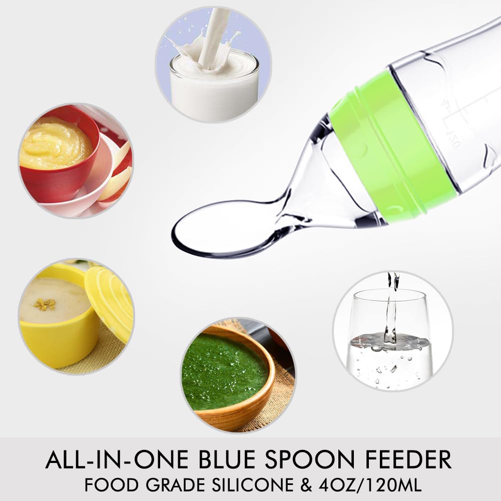 Matyz Silicone Baby Food Dispensing Spoon (Green, 4Oz / 120Ml) Squeeze Feeder With Spoon - Spoon Bottle For Baby - Baby Spoon Fe