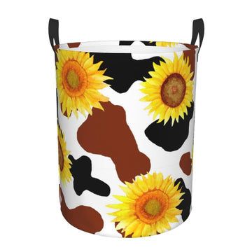 Pevtufa Cow Print Sunflower Foldable Laundry Basket Organizer,Fabric Clothes Toy Storage Basket Nursery Hamper Storage Bin For H