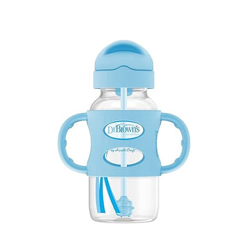 Dr. Brown?S? Milestones? Wide-Neck Sippy Straw Bottle With 100% Silicone Handles, 9Oz/270Ml, Blue, 1 Pack, 6M+