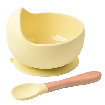 ONICORN Silicone Unbreakable Bowl & Wood Handle Spoon for Baby Feeding, Suction Design for Toddler, NonSlip, NonToxic, BPA Fre