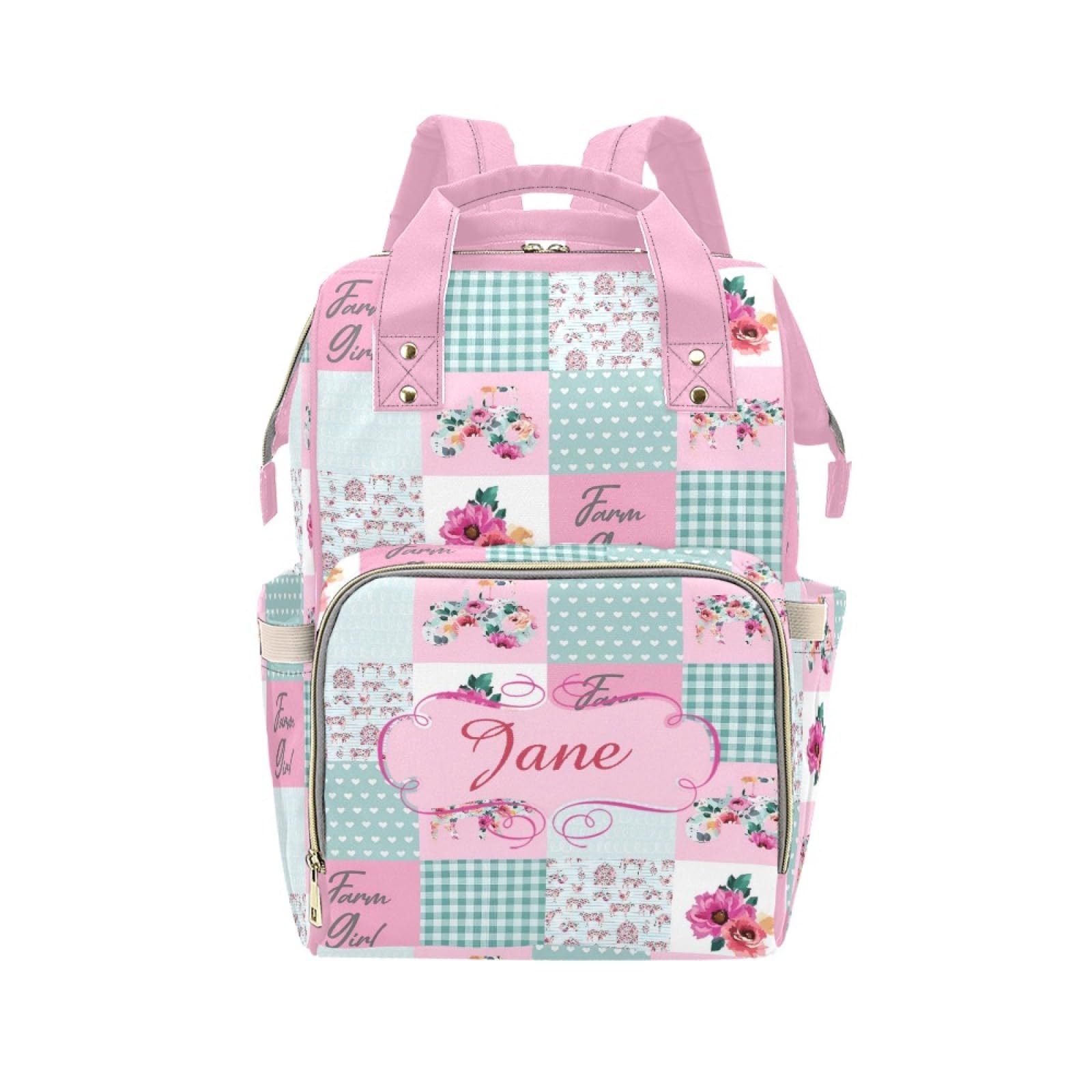 Noverbibi Custom Floral Pink Baby Diaper Bag with Name - Personalized Nursing Travel Tote Backpack for Mom or Dad, Custom Name B