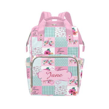 Noverbibi Custom Floral Pink Baby Diaper Bag with Name - Personalized Nursing Travel Tote Backpack for Mom or Dad, Custom Name B