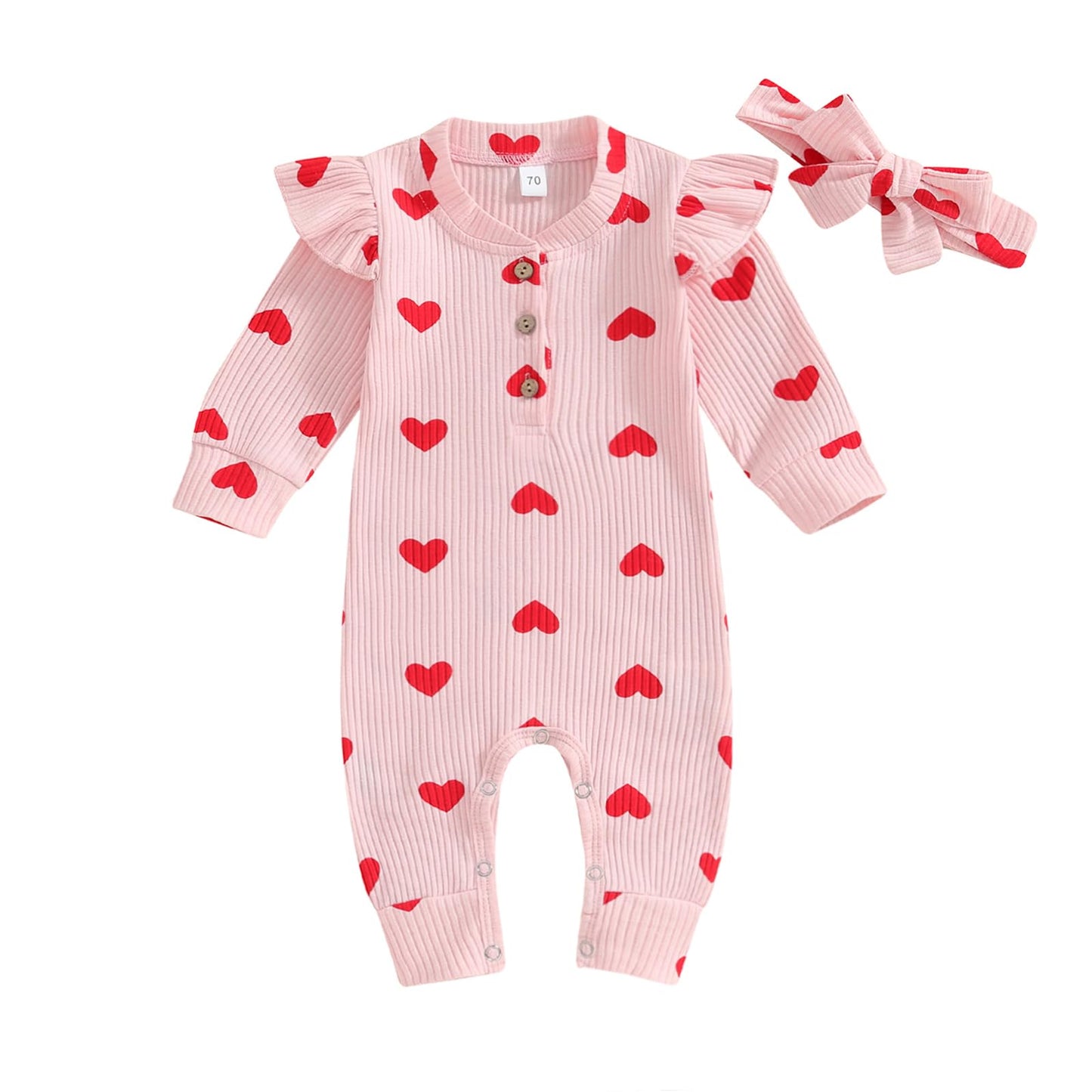 KOSUSANILL Valentines Day Baby Girl Outfit Ruffle Long Sleeve Romper Waffle Love Heart Jumpsuit Headband Cute Fall Clothes (Wate