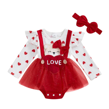 Baby Girl Valentine Outfit - Heart Romper Dress & Long Sleeve Onesie For Newborns - Red, 12-18 Months