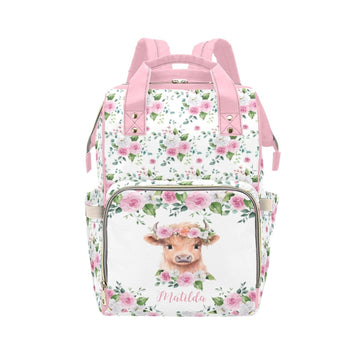Personalized Maternity Package for Women, Custom Highland Cow Floral Diaper Backpack Customized Mommy Baby Bag Casual Backpack f