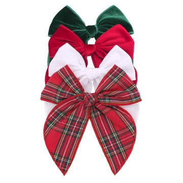 Velvet Plaid Bow Hair Clips and Accessories for Little Girls and Baby Moms - Red Green White Christmas Fable (4 Pack)