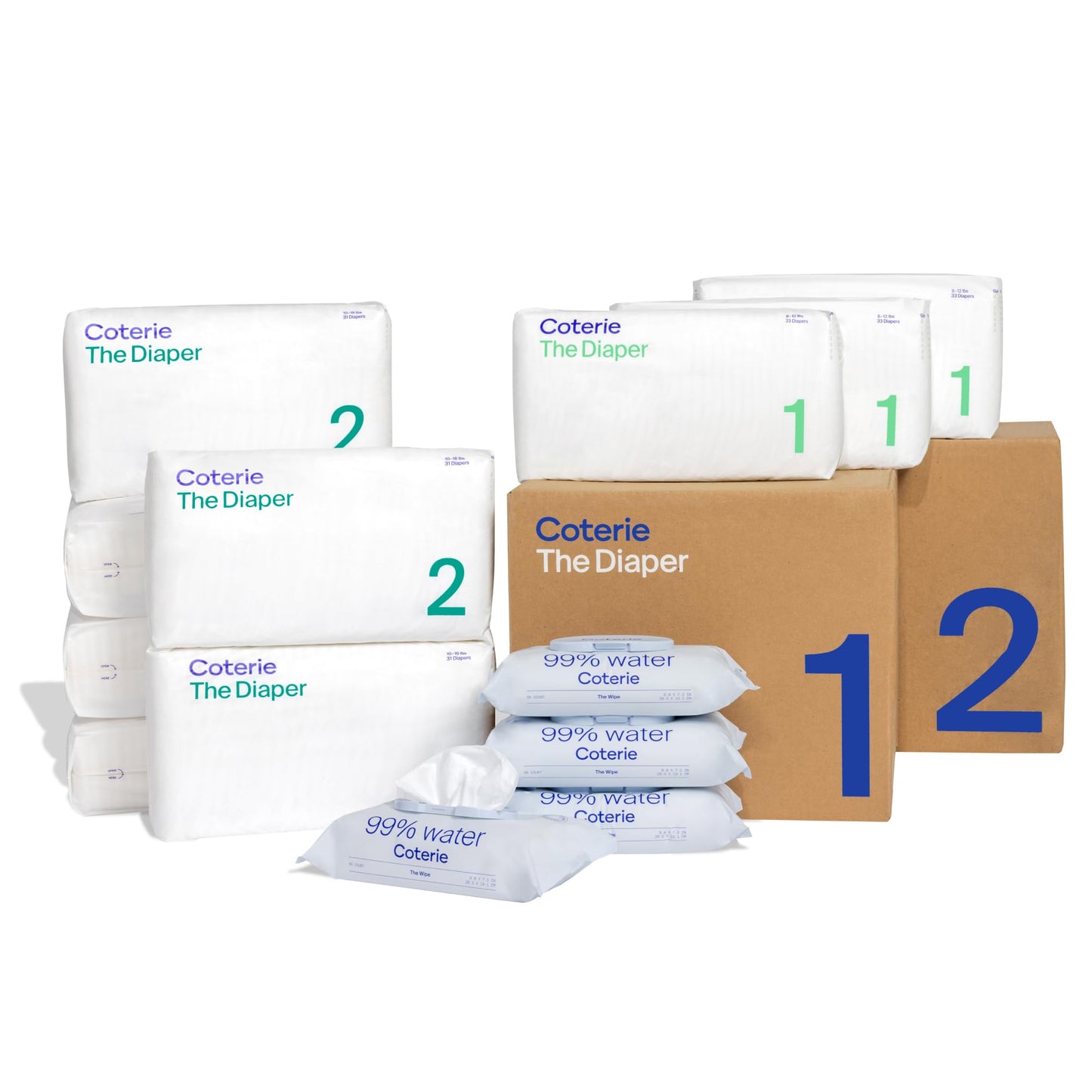 Coterie Baby Wipes + Diapers Kit, Size 1 (99 Count) & Size 2 Diapers (186 Count), 4 Pack (224) Baby Wipes with 99% Water, Plant 