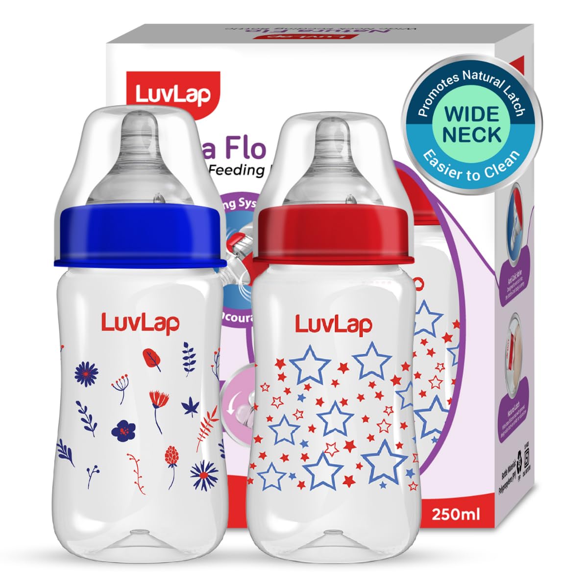 Luvlap AntiColic Wide Neck Natura Flo Baby Plastic Feeding Bottle, 250Ml (Pack Of 2), New Born/Infants/Toddler Upto 3 Years, St