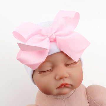 Dreshow Bqubo Newborn Hospital Hat Infant Baby Hat Toddler Beanie Hat With Big Bow Baby Nursery Caps, 0-3 Months
