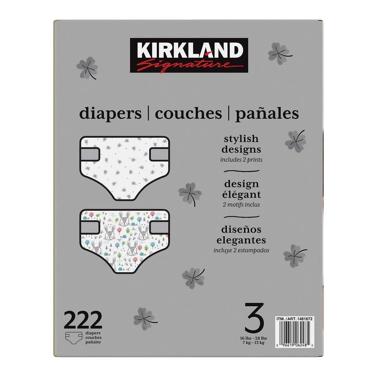 Kirkland Signature Diapers, Size 3 (16-28 Pounds), 222 Count