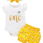 Grnshts Baby Girl One Birthday Outfits Honey Bee Ruffle Sleeve Romper+Bumble Bee Shorts+Headband 3Pcs Summer Clothes 9-12 Months
