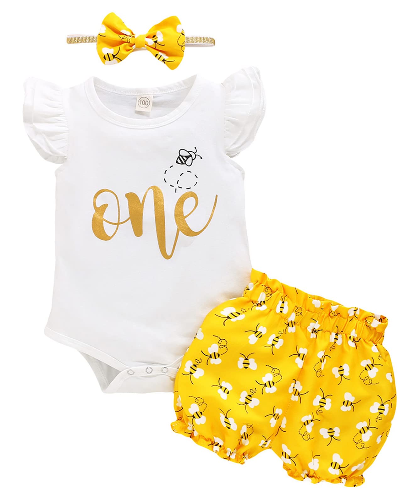 Grnshts Baby Girl One Birthday Outfits Honey Bee Ruffle Sleeve Romper+Bumble Bee Shorts+Headband 3Pcs Summer Clothes 12-18 Month